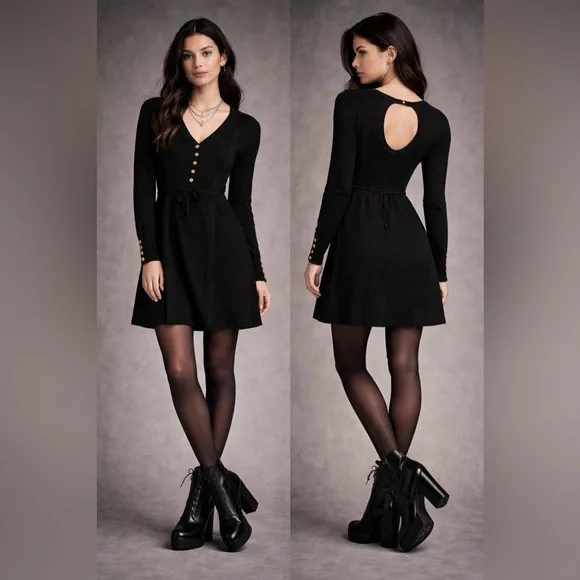 Lost & Found | Wool Blend | Black | Knit | V Neck |Mini | Pullover Dress |Size S - Picture 6 of 16